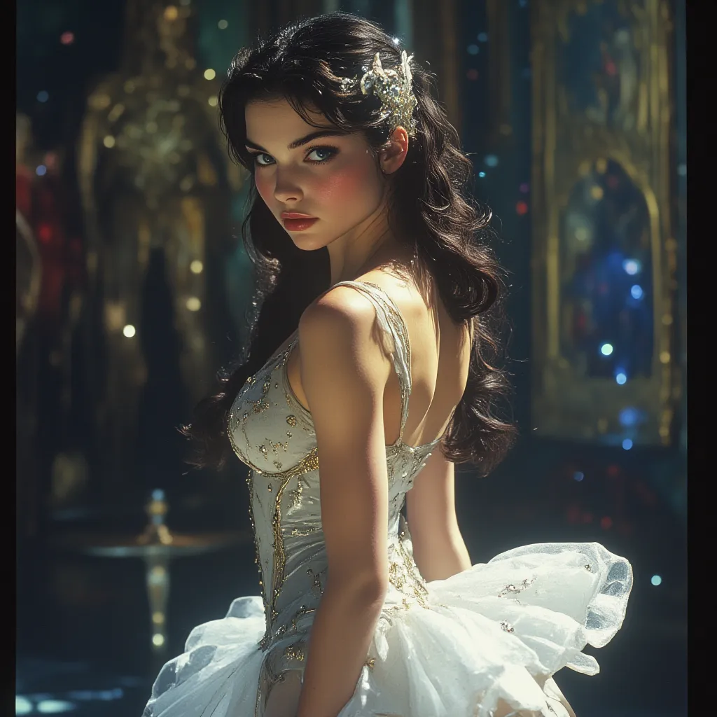 beautiful FULL BODY ballet dancer with European features blue eyes sapphires and long black hair with reddish lips she looks sweaty while dancing a wears white and gold ballet clothes her tulle moves in the air while she gives her presentation she looks li...