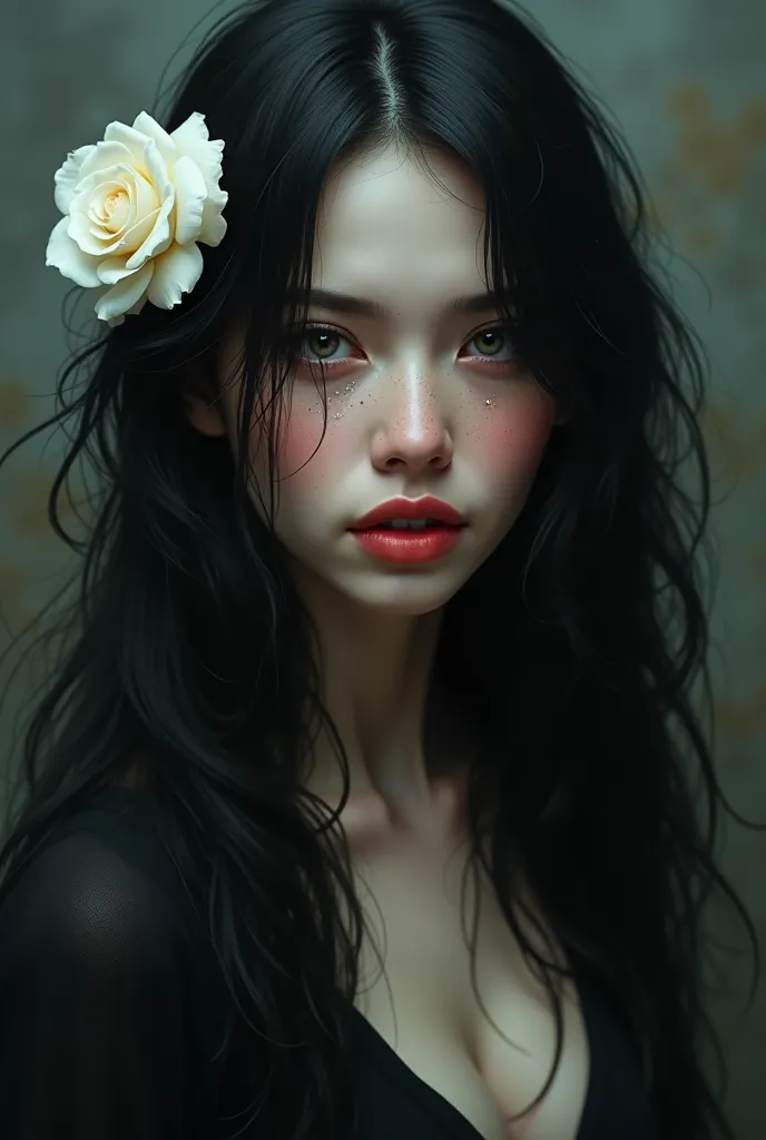 Women, long hair,  breasts, looking at the spectator,  smile, blush, black hair, Split lips, white rose in the hair, mask/sale