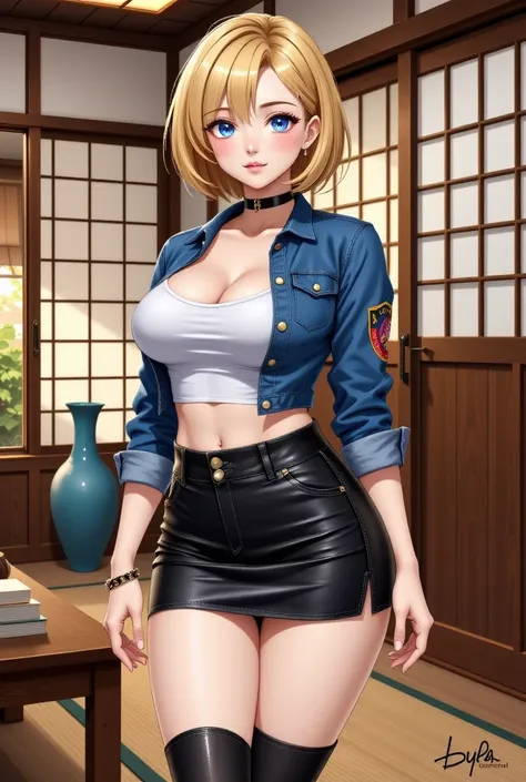 Prompt: his is a digitally created anime-style illustration featuring a young woman with light skin and short, blonde hair styled in a bob cut. She has large, expressive blue eyes and a confident, slightly mischievous smile. She is dressed in a tight, shin...