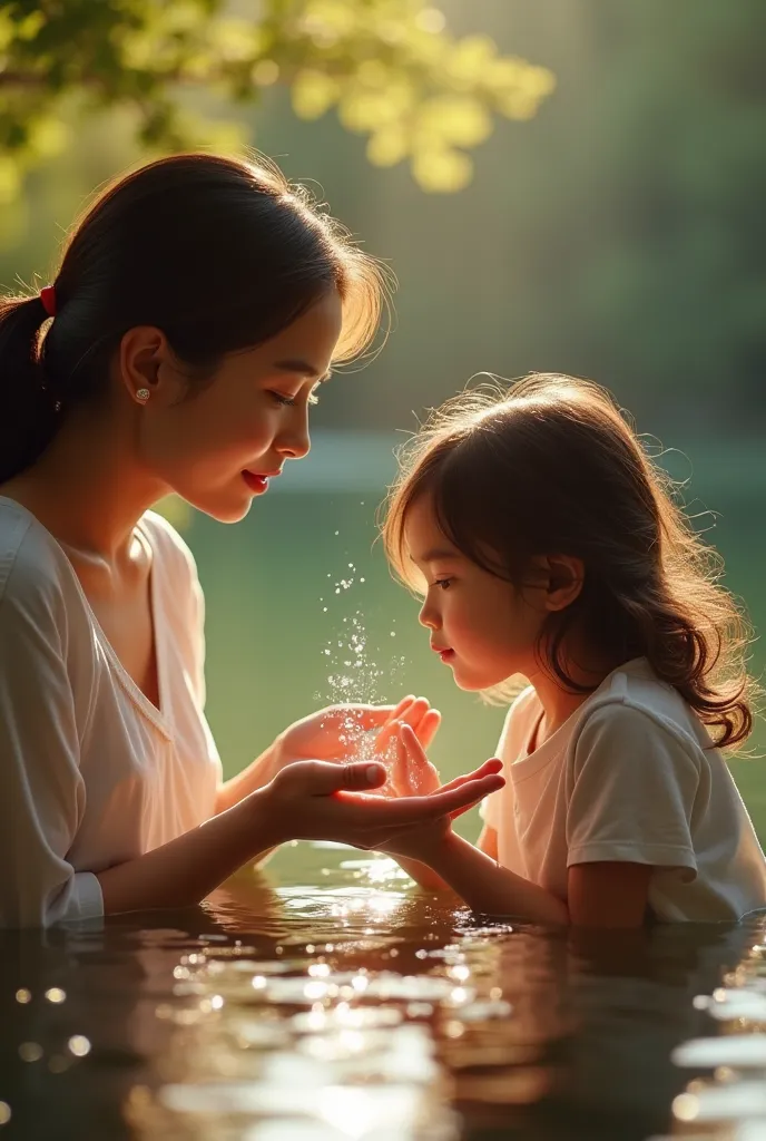 A mother making her age daughter drink water from her hand