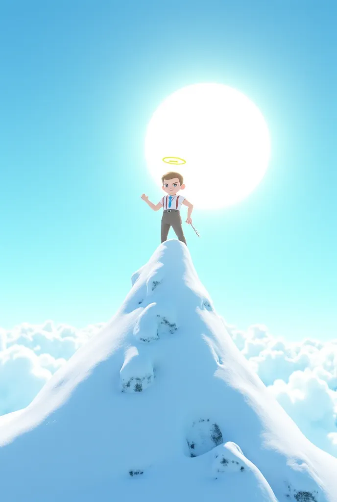 Snowy, windswept mountain peak. The North wind(a frosty aura) stands on top, looking down with a smug expression.
The Sun (a radiant, cheerful character with a halo of light) is in the sky, shining brightly.
SFX: WHOOSH! (wind sound)
North Wind (thought bu...