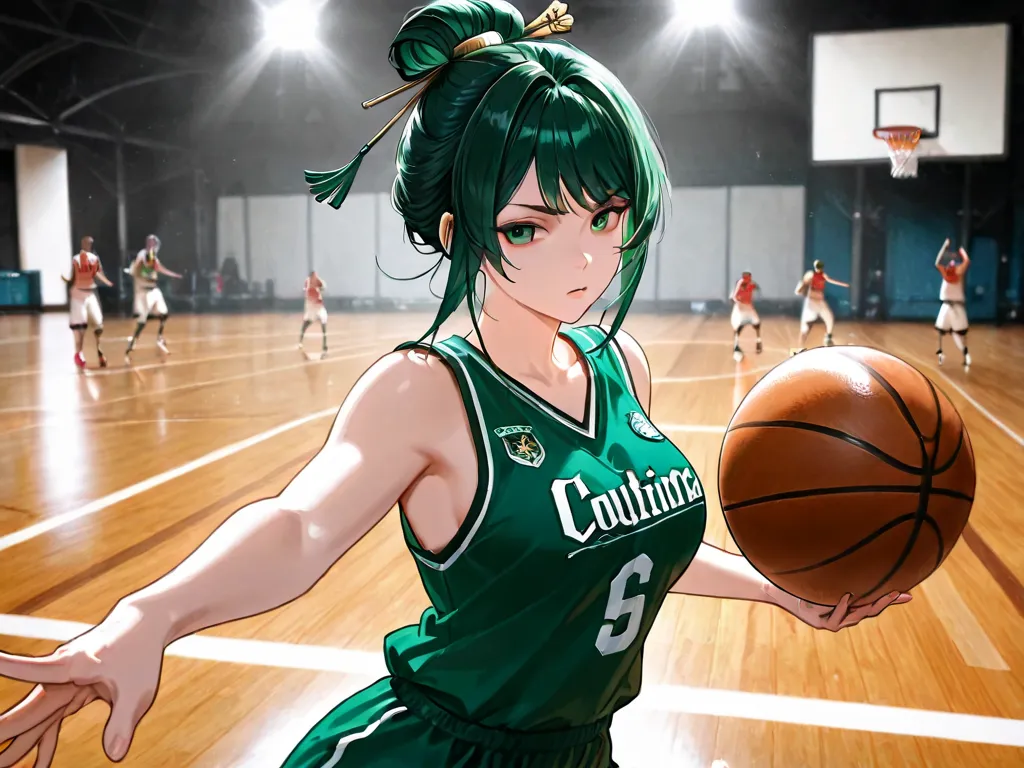 Hanying solacetune, playing basketball, pose genial, basketball uniform, good lighting, basketball court background, concentrated, He's getting ready for the game, pose genial,  detailed image,  female body, medium breasts, female curves, Good distance, si...