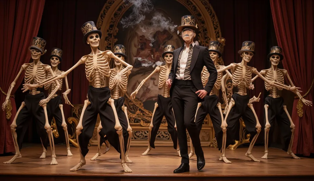 Skeleton characters put on a smoking cap on the stage of the show.