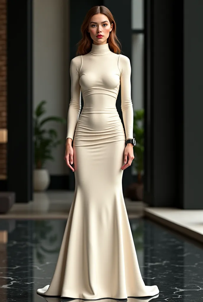 A realistic model with a bright glossy realistic skin texture with freckles and brown hair wearing an off-white long floor length fitted bodycon gown with folds around the hips, and turtleneck long-sleeved with a black wristwatch standing in a luxurious br...