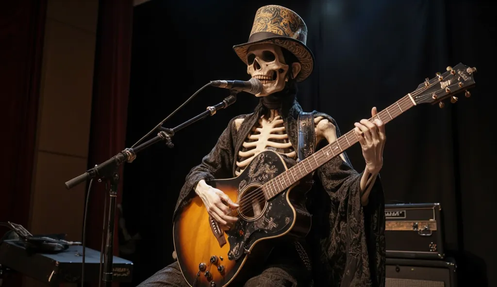 Skeleton character wearing a smoker hat on stage performing a guitar