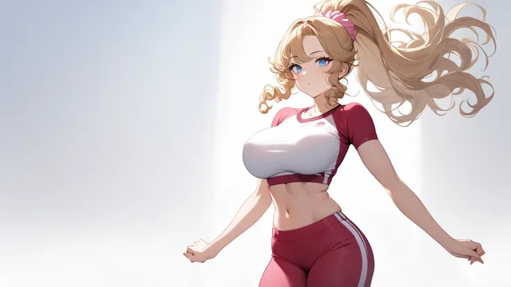 one girl，Big Breasts, golden hair，ponytail， pink scrunchie， gym clothes， background pure white, blue eyes、