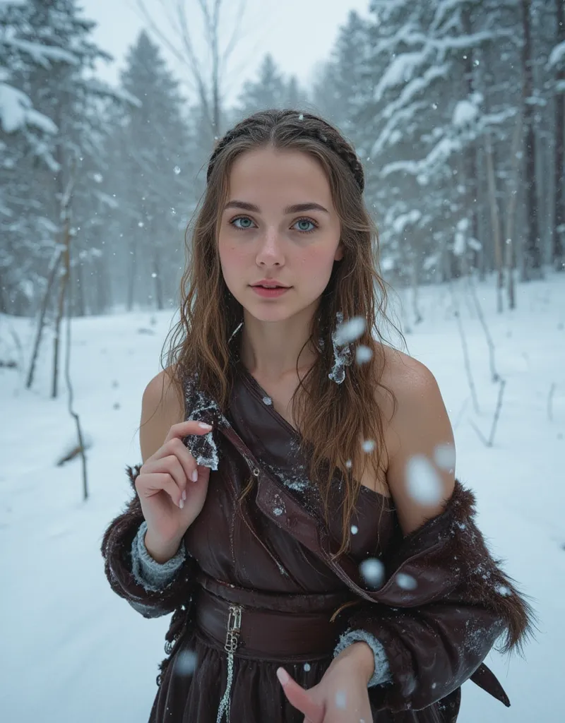 An Austrian, (middle European) girl, (early 20s), brown hair, (slightly wet hair), took an ice bath at a lake, a really beautiful girl, (petite), (green eyes), in a boreal forest, finished from ice bathing, (female slim figure), has a coat from leather and...