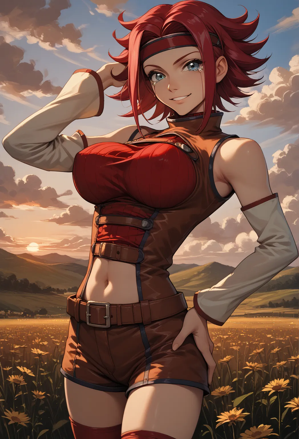 score_9, score_8_up, score_7_up, score_6_up, source_anime, 1girl, solo, kouklln, red hair, flipped hair, short hair, blue eyes, red headband, red sleeveless turtleneck, navel, belt, brown shorts, naked,detached sleeves, red thighhighs, large breasts, cryin...