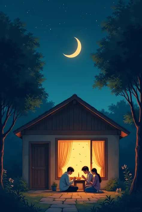 A cozy house at night, with a bright window showing a family gathered in prayer, as the moon shines in the sky and tranquil trees surround the environment