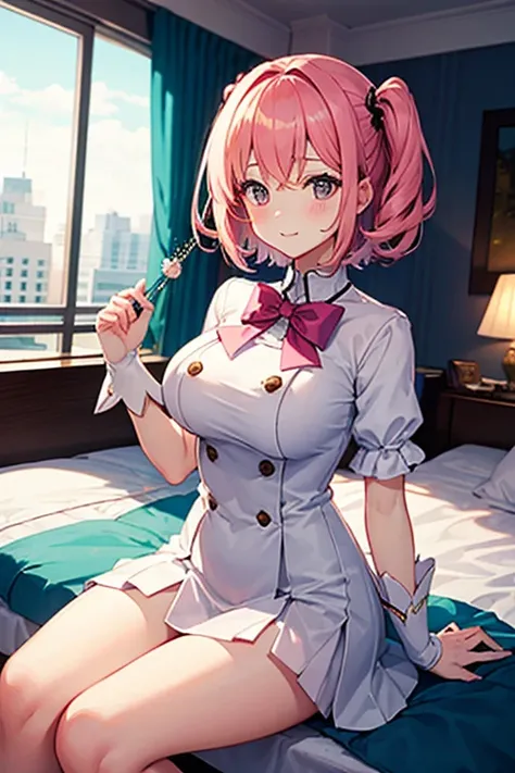     is cosplaying as a cute magical girl  。  girl with short pink hair 。Short, big breasted、I'm at the hotel       。