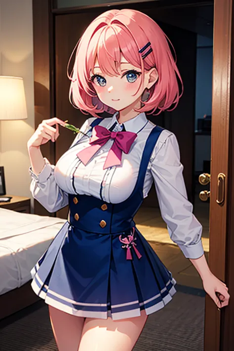     is cosplaying as a cute magical girl  。  girl with short pink hair 。Short, big breasted、I'm at the hotel       。