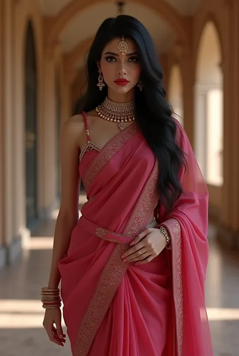 A Very Beautiful and Gorgeous,Shining and Glowing Face and Highly Detailed Black Eyes, Zero and Curvy figure,Beautiful Breasts,Beautiful lips in Red Lipstick With long black hair and Heavy Jewellery in indian Married Girl in Dark Pink Bra and saree.Generat...