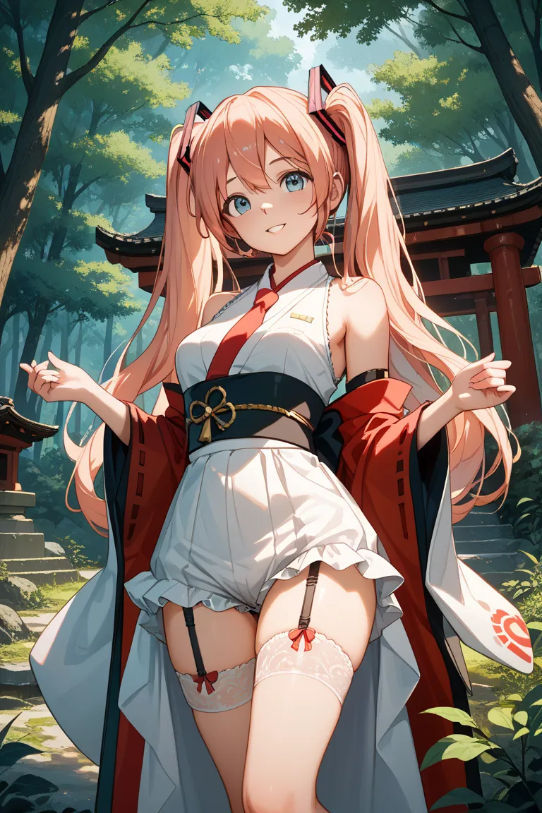 Hatsune Miku wears a shrine maiden suit and garter belt, lifts up her skirt and shows off her pants