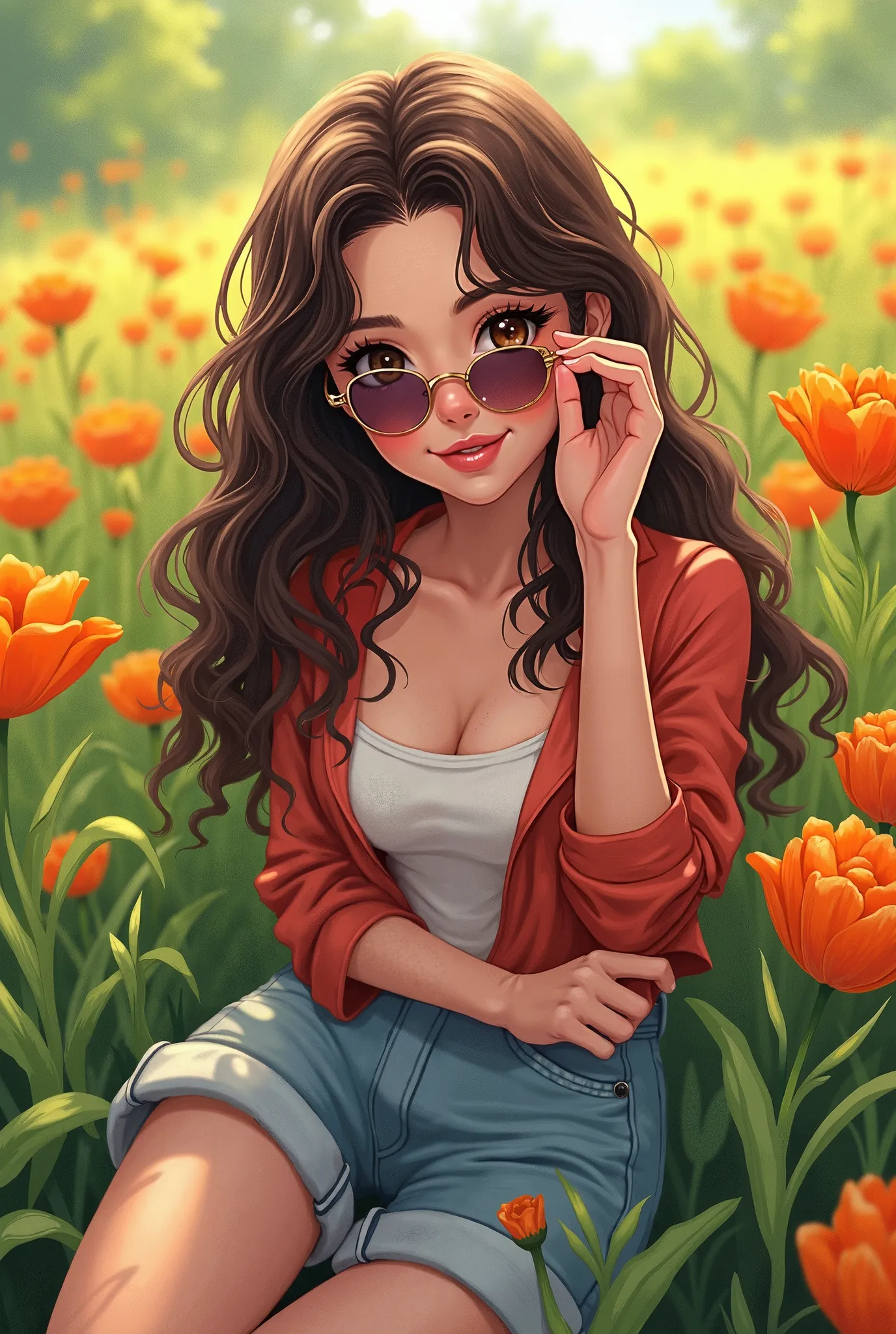 Create An anime-style illustration of a beautiful woman sitting in a lush green field filled with vibrant orange flowers. She has long, curl dark brown hair that flows naturally, and she wears stylish round sunglasses with a slight tint. Her hazel  eyes , ...