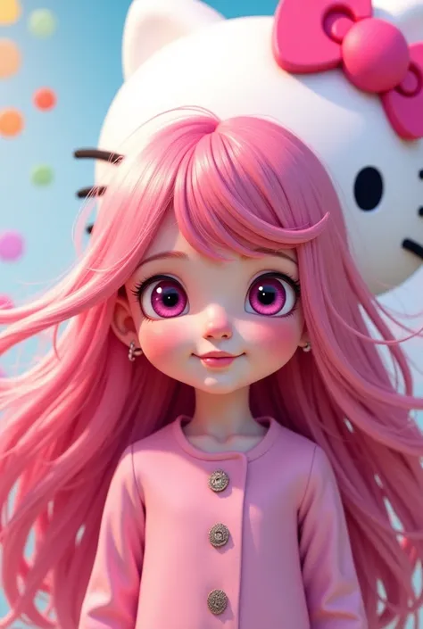 Young girl with long pink hair with pink eyes and a Hello Kitty poster