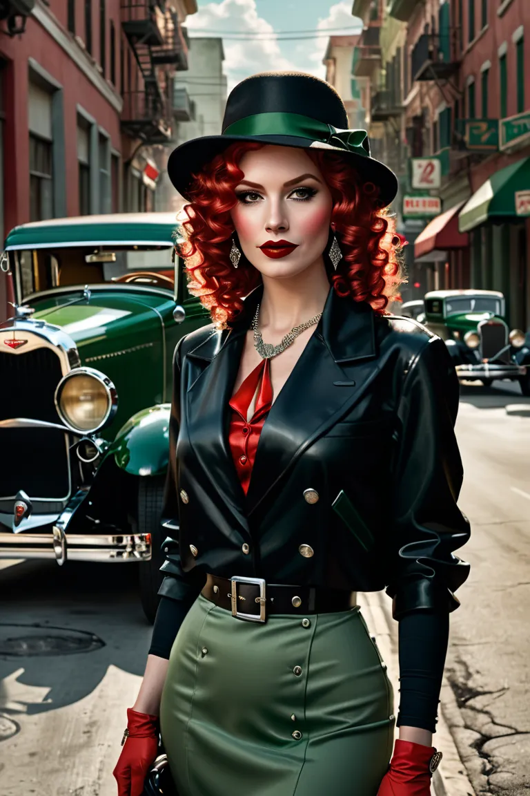 masterpiece, pale skin, red lips, light eyes, eye shadow, in the foreground,  a beautiful red-haired woman with curly hair standing on the street holding a Thompson M1928A1 drum,  behind her a left green 1928 Cadillac Town Sedan , She wears a mobster costu...