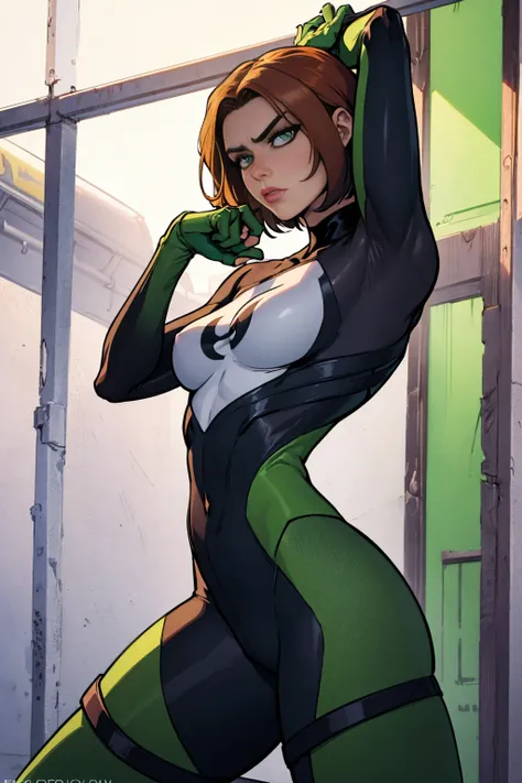 Create a semi-realistic, anime-inspired portrait of Rogue from the X-Men. Rogue is a strong and confident mutant with striking features. She has long, flowing auburn hair with a white streak, which is a prominent characteristic. Her eyes are intense and gr...