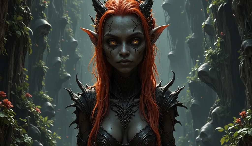 An elf, with black-colored skin , with red hair and silver eyes and without pupils 8K Ultra HD