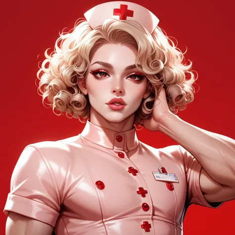 Digital style realistic oil anime manwha, a handsome male man ,pale porcelain skin, short curly red hair , big bright red eyes , long red eyelashes, soft round lips ,Erotic and sexy nurse dress,Poses Eroticas, red background ,distant take