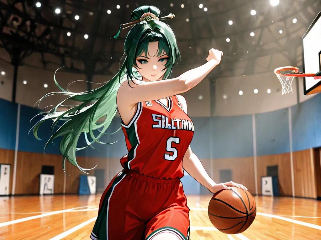 Hanying solacetune, playing basketball, pose genial, basketball uniform, good lighting, basketball court background, concentrated, is getting ready for the match, pose genial,  detailed image,  female body, medium breasts, female curves, Good distance, sin...