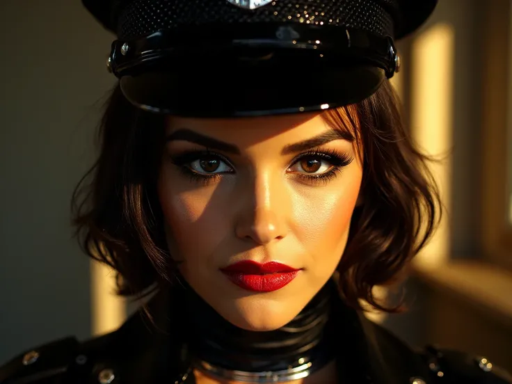 rubber fetish latex police outfit, red lip gloss, eyeliner flicks, e girl makeup, shiny red lips, beautiful detailed eyes, beautiful detailed lips, extremely detailed eyes and face, long eyelashes, photorealistic, 8k, high quality, hyper realistic, masterp...