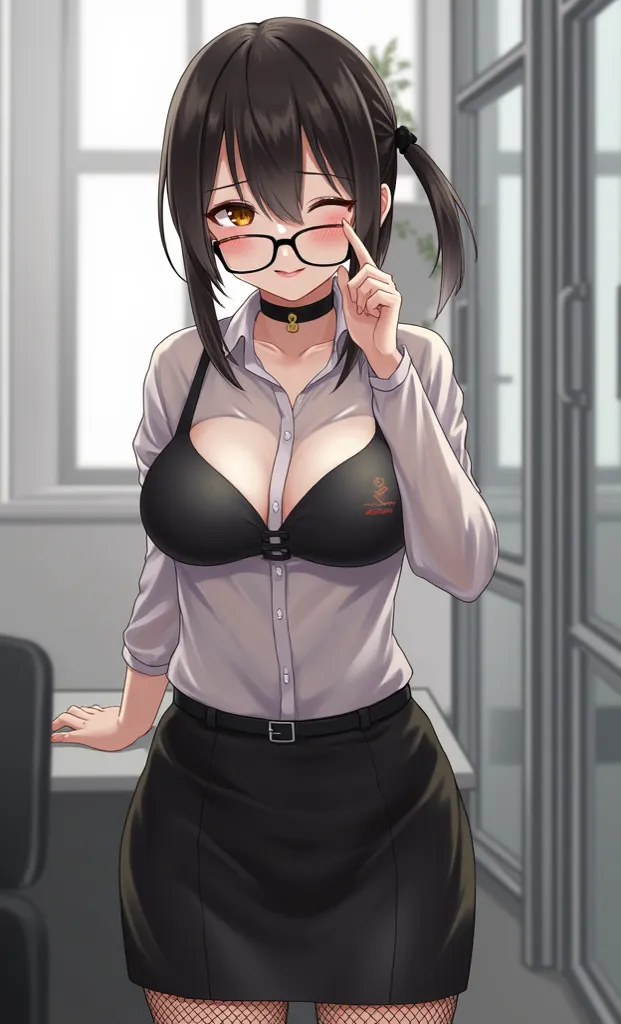 1girl, mori calliope, hololive, office worker, finger on glasses, lips, transparent wet shirt, black bra, skirt, fishnets tights, smile, show boobs, in office, standing, forward view, blush, hot milf, sweat, looked at viewer, half-closed eyes, black choker...