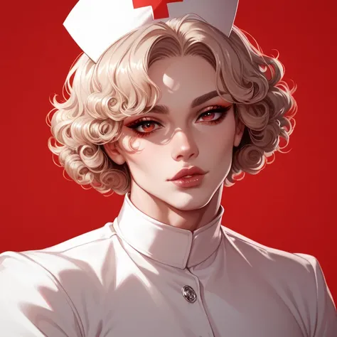 Digital style realistic oil anime manwha, a handsome male man ,pale porcelain skin, short curly red hair , big bright red eyes , long red eyelashes, soft round lips ,Erotic and sexy nurse dress,erotic and sensual poses, red background ,distant take