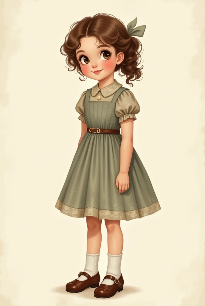 Create an illustration of a young girl, likely between 6 to , dressed in a stylish outfit typical of the first half of the twentieth century, sporting a knee-length dress with puffed sleeves, a fitted waist, and a full skirt, possibly in a floral pattern o...