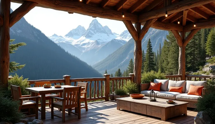 Create a rustic wooden terrace with mountain views with tables, chairs and a sofa