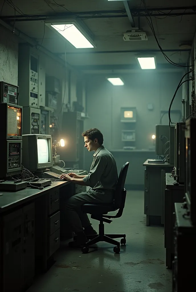 a Soviet technology laboratory programmer in mid-1984 with old computers from the time with old black and white effect as if it were a very old image