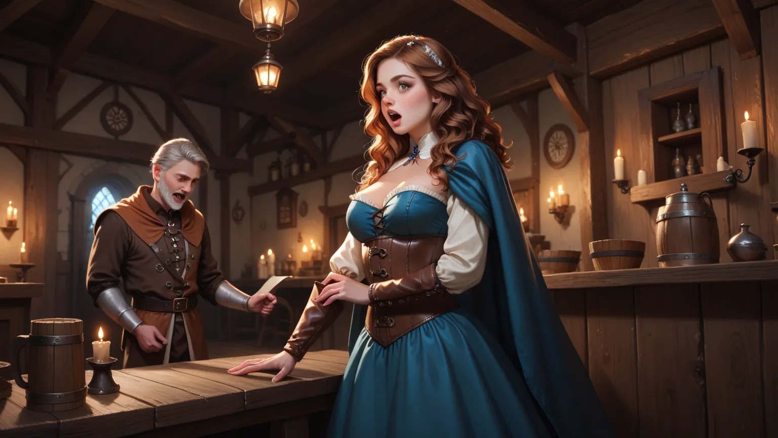 A dramatic medieval scene inside a rustic wooden tavern with dim, warm candlelight. A woman with long, wavy brown hair is in the foreground, wearing a tight, period-accurate corset dress, her hands on her hips, and her mouth wide open in an intense scream....