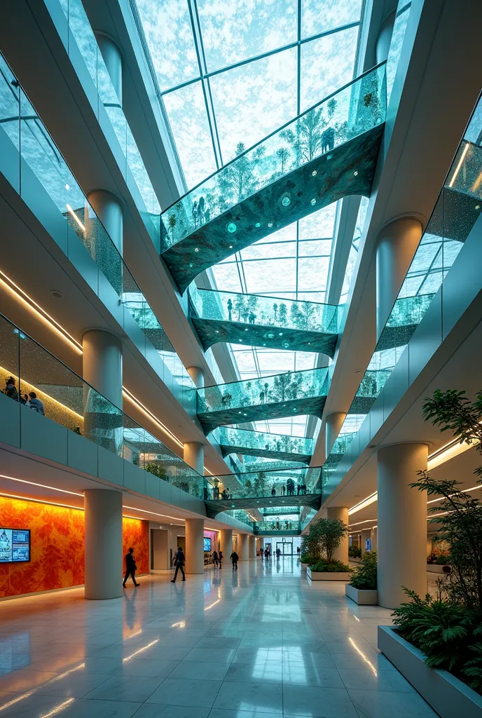 Horizontal university building with 3-4 fragmented glass structures resembling broken crystal, connected by transparent glass walkways, featuring brain-like vein patterns with pulsing LED lines (red for tension, yellow for transition, blue/white for relaxa...