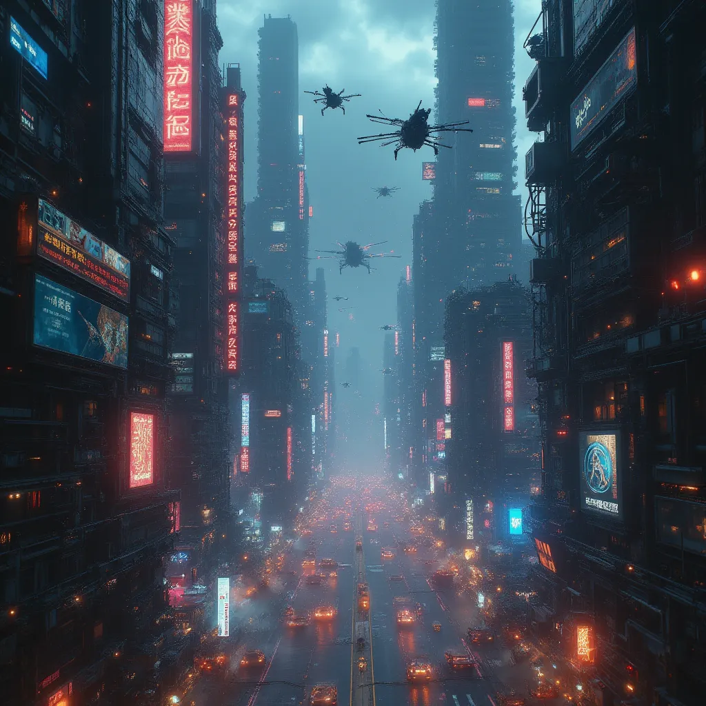 A sprawling cyberpunk city at night, illuminated by neon billboards and holographic ads. Skyscrapers with intricate mechanical details rise into the smog-filled sky. Hovering vehicles and drones patrol the city, while rain reflects neon lights on wet stree...