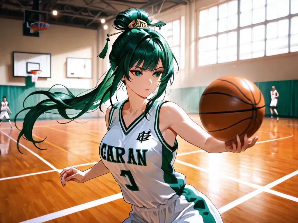 Hanying solacetune, playing basketball, pose genial, basketball uniform, good lighting, basketball court background, concentrated, is getting ready for the match, pose genial,  detailed image,  female body, medium breasts, female curves, Good distance, sin...