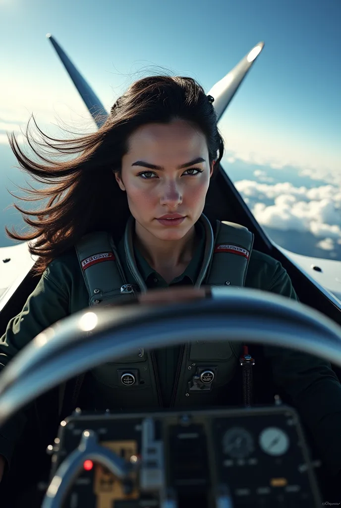 Woman flying ultra realistic plane long black hair 