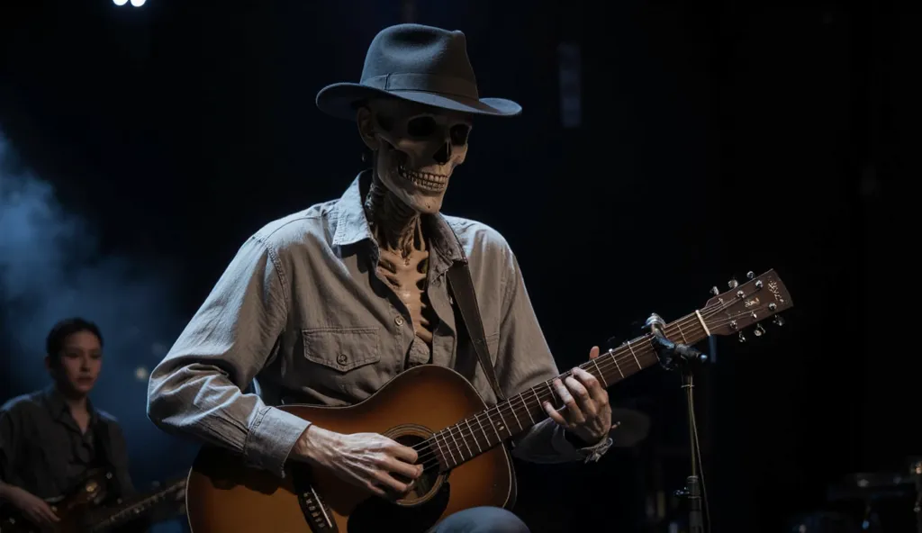 Skeleton character wearing a smoker hat, wearing a cloth shirt on stage, performing a guitar.