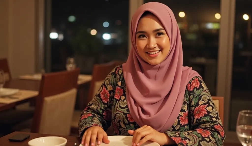 Beautiful fair skin Chinese girl in hijab seating in leaving room happy, 4 MILF, happy pose, beautiful face, beautiful fingers, perfect dark pink nail, dinning room, at night, wearing long hijab, long colorful hijab, long patern Abaya, biggest, heavy breas...