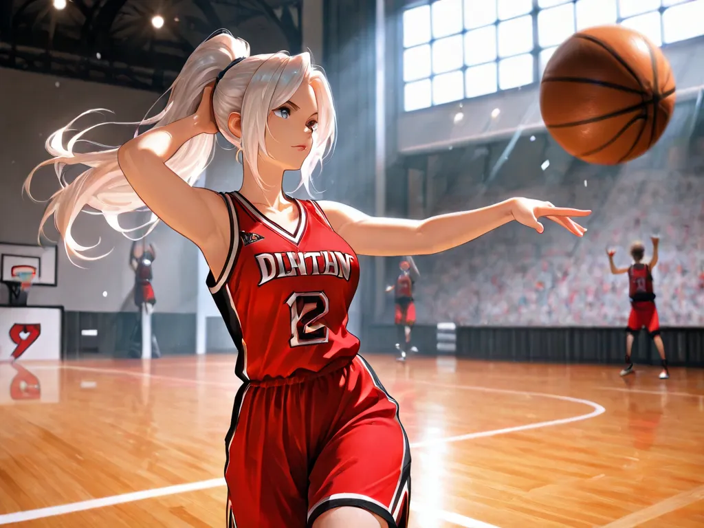 Lucia Crimson Weave , playing basketball, pose genial, basketball uniform, good lighting, basketball court background, concentrated, He's getting ready for the game, pose genial,  detailed image,  female body, medium breasts, female curves, Good distance, ...