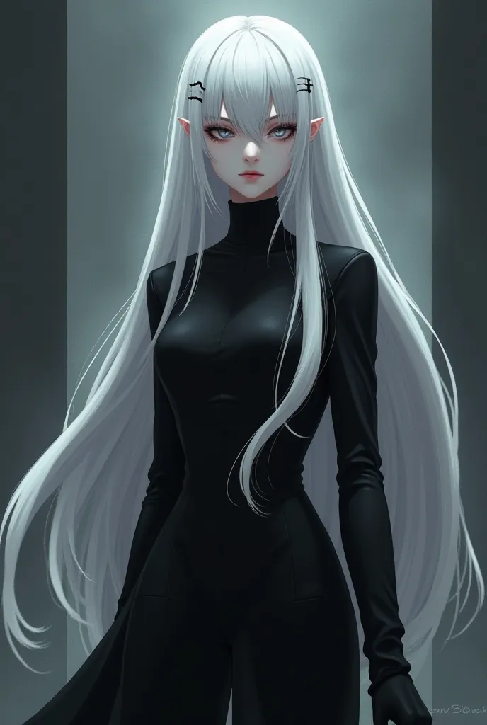  Long-haired woman, platinum white, pale skin,  gray eyes,  expressionless ,  dressed in black,  elegant, lethal, Her face is very pale and she doesn't wear makeup anime 2.0
