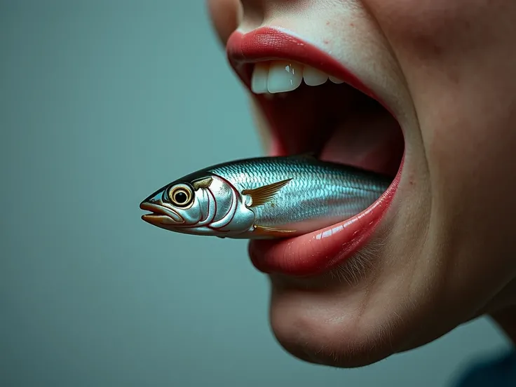 A female mouth biting off a piece of sardine, Only the tail of the sardine is sticking out of the mouth.