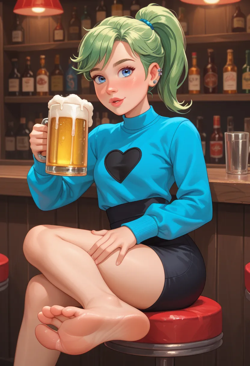 Neon green ponytail haired, blue eyed, smooth face, red cheeked, curvy body, slim waist, slender, ager riley andersen, wears black pencil skirt, black keyhole long sleeved top, piercings, drinking beer, lips up on a glass of beer, slim waist, slender, drun...