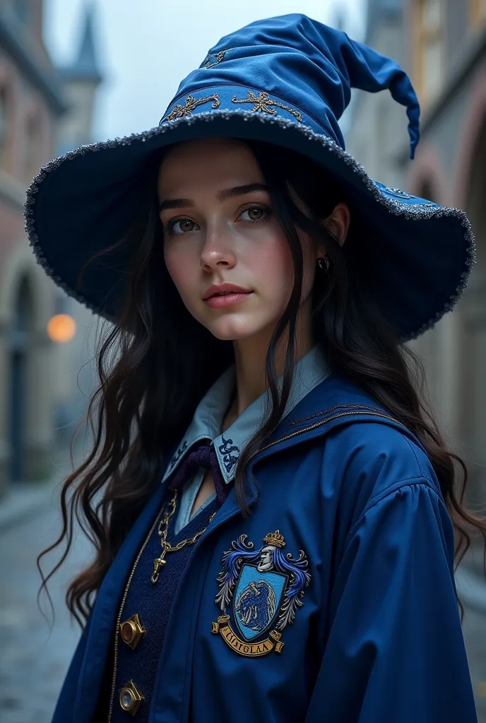 A beautiful black-haired, white-skinned, brown-eyed girl character from Ravenclaw House in Harry Potter wears Ravenclaw House Rainhawts costume.