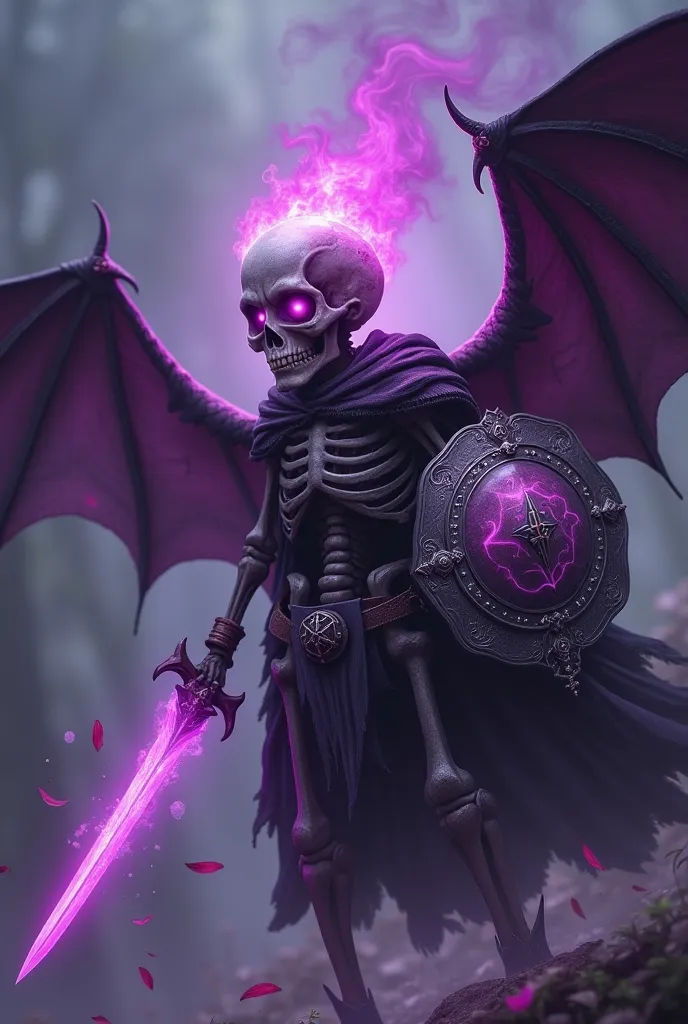 Or the burning skull is purple, The body is skeletal and dying, an enchanted sword in one hand and an enchanted mystical shield in the other hand! He's a young adventurer with a bat's wing and a diabolic skull flying with an energetic and dark aura.