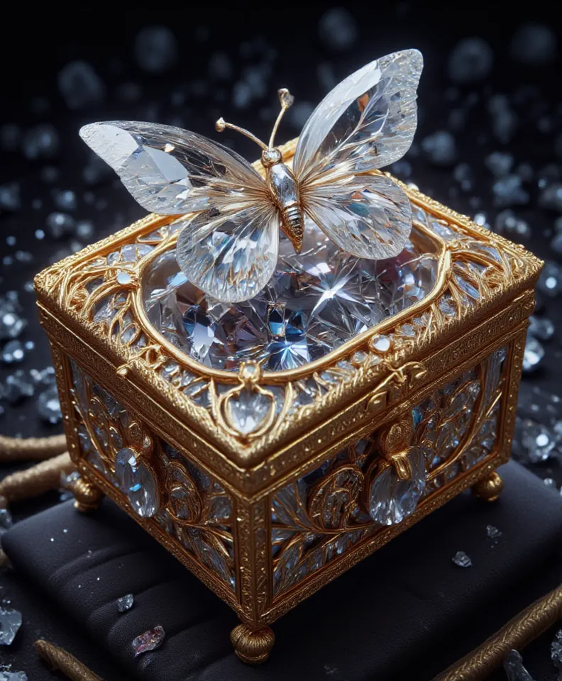 A utopian Jewelry box With a butterfly transparent on top Unearthly jewel diamond luxury elegant energy 