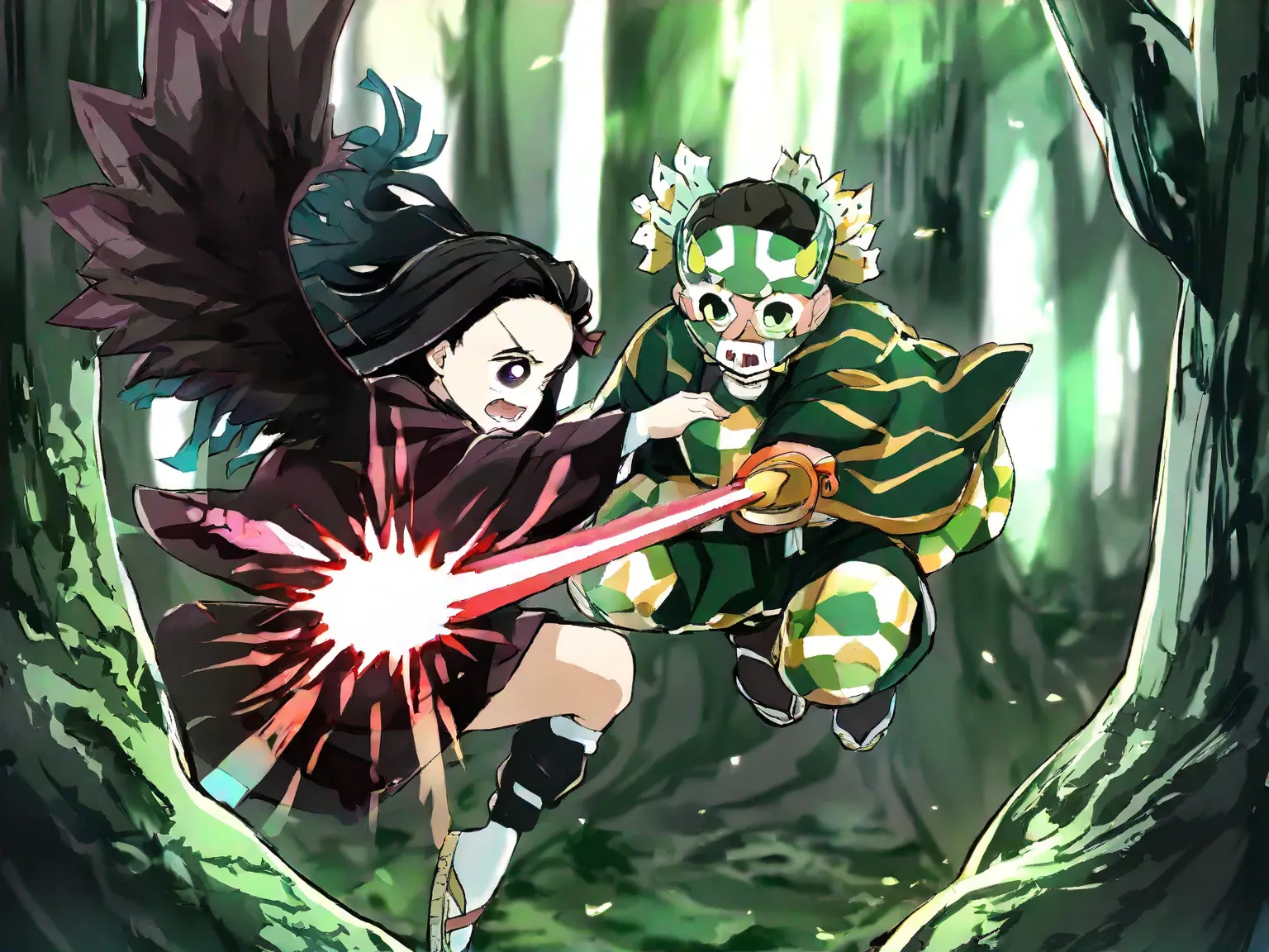 demon slayer, Tanjirō Kamado fighting against demon in forest at day, brightest sun