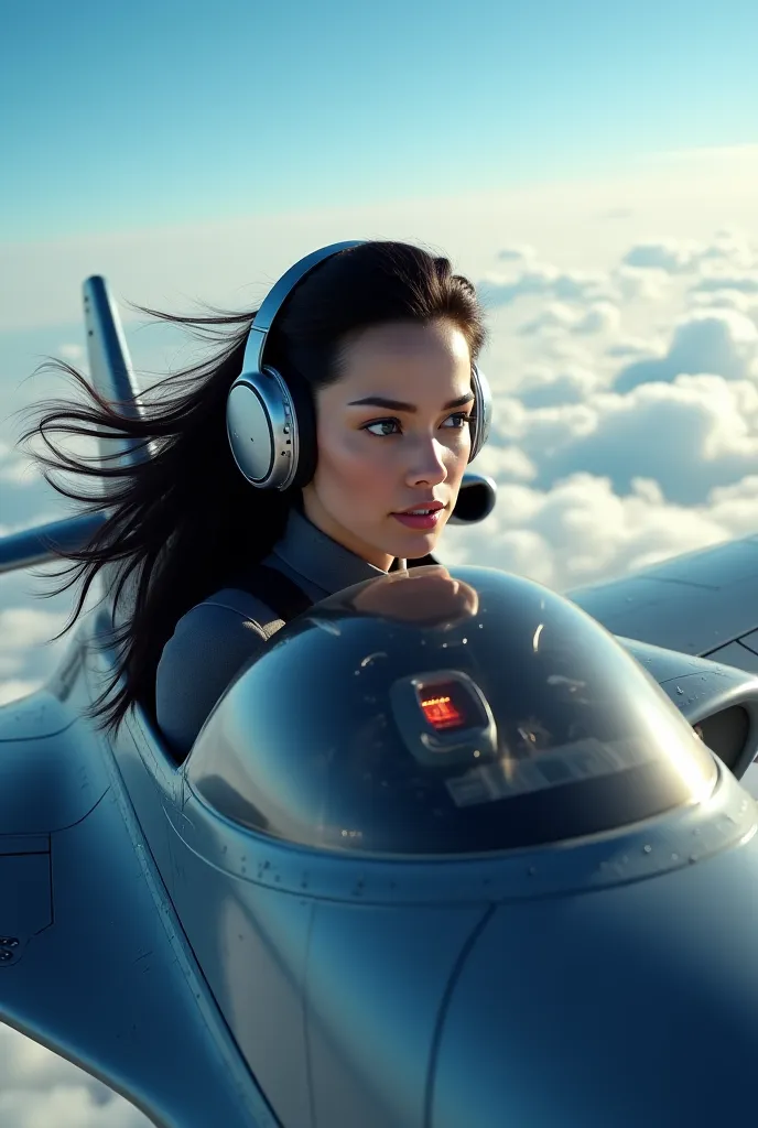 Woman flying airplane and wearing ultra realistic airplane headset long black hair 