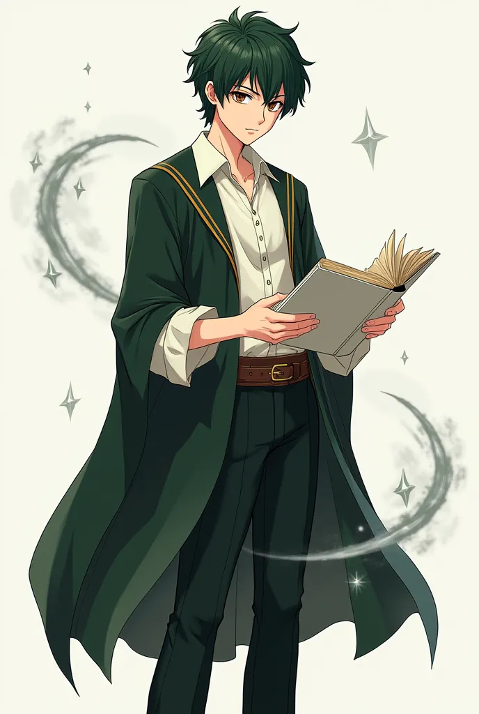 Play me an anime character in the Harry Potter universe, being an adult , with dark green hair, brown eyes, wearing an ancient medieval outfit, with a white button-down shirt, with black dress pants, wearing a black full shoe,  in a serious face, full body...