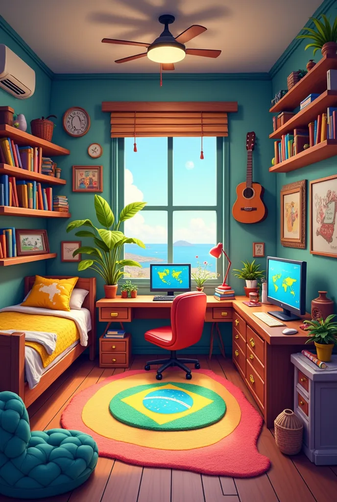 A personalized room from countries with a chair and a gamer computer, a bed and a closet from Brazil, a bookcase from the United States and a refrigerator, all this cartoon.