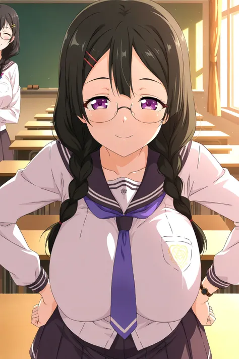    score_9,    score_8_  up ,    score_7_  up , source_anime, anime screencap,  Highest quality, alone, hinekawa, ( purple eyes),    black hair,    Twin Blade , Glass,     black hair,  purple eyes, Front    ,smile,   beautiful eyes,    Braids Pigtails ,   ...