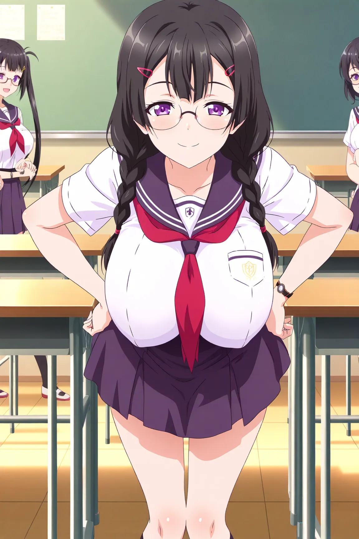    score_9,    score_8_  up ,    score_7_  up , source_anime, anime screencap,  Highest quality, alone, hinekawa, ( purple eyes),    black hair,    Twin Blade , Glass,     black hair,  purple eyes, Front    ,smile,   beautiful eyes,    Braids Pigtails ,   ...